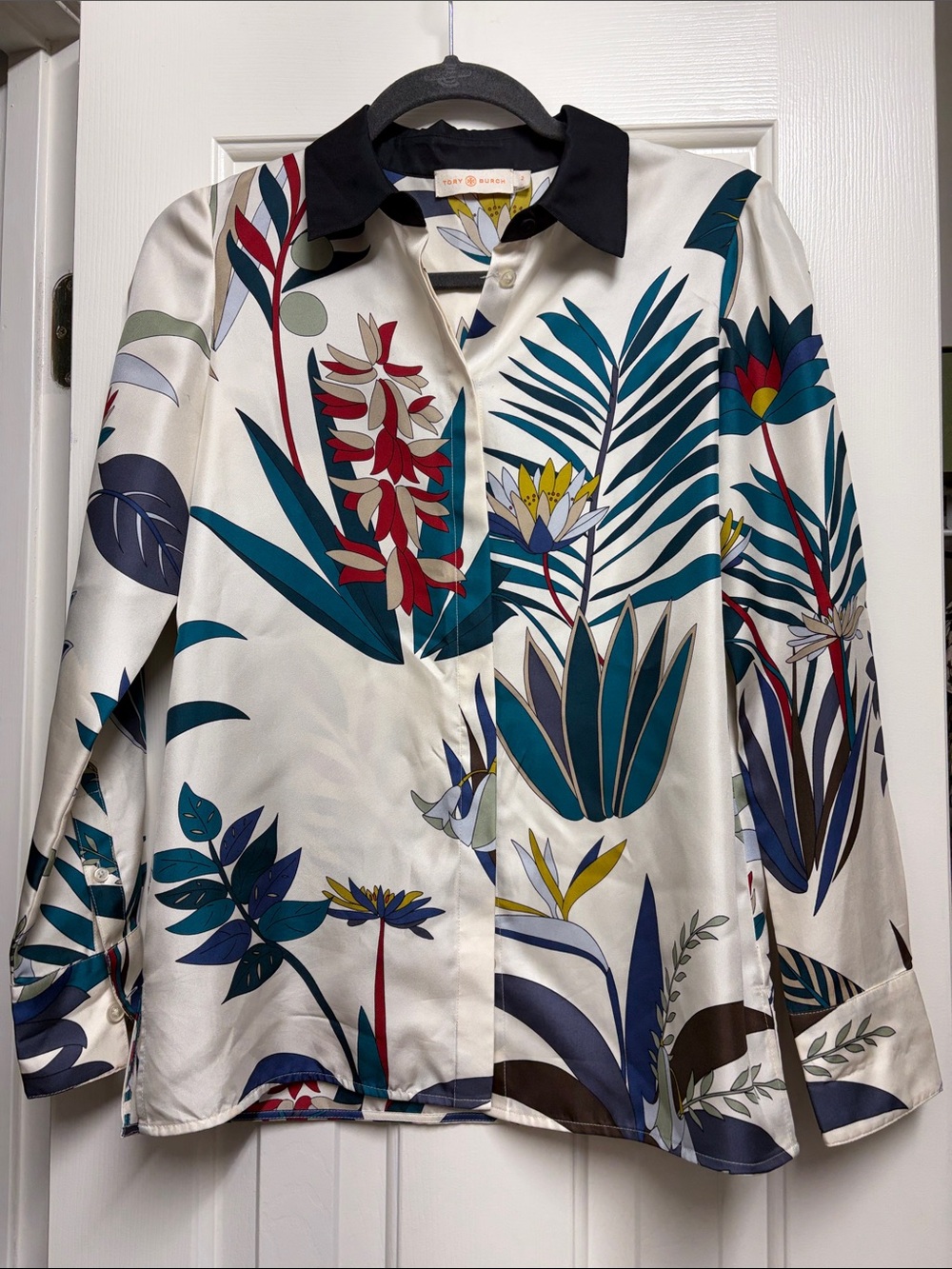 Tory Burch Botanical Print Satin Blouse in Cream & Teal